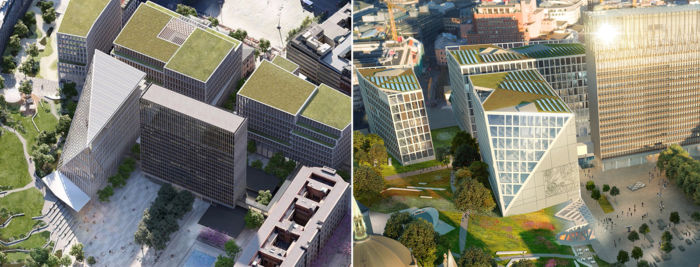 Team Urbis1 forslag til ventre og Team G8+-forslaget til høyre.