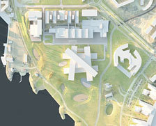 Kontorbygningen på Fornebu har fått konseptnavnet Fem elementer og består av fem fløyer satt sammen i stjerneform. Arkitekt: a-lab/Illustrasjon: Placebo Effects as