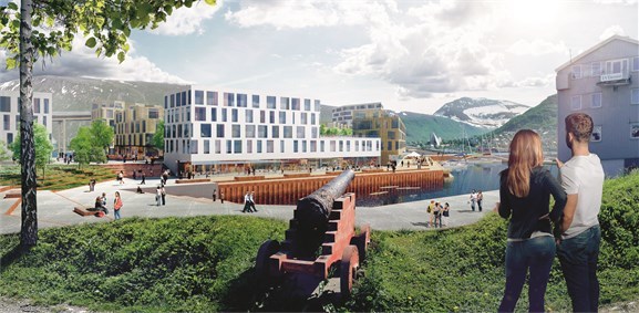 Slipptorget sett fra Skansen, der kanonene skal ha fri utsikt mot Tromsøsundet.
Foto: AT Plan & Arkitektur Slipptorget sett fra Skansen, der kanonene skal ha fri utsikt mot Tromsøsundet.
Foto: AT Plan & Arkitektur