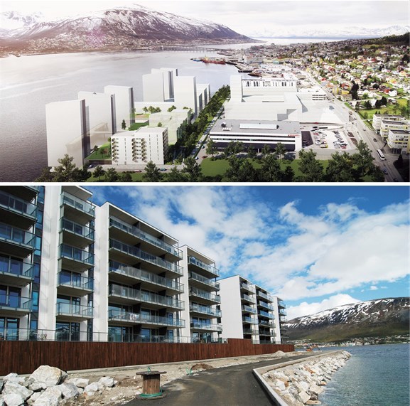 Øverst: Planen for Kræmer Brygge. Leilighetene skal delvis bygges på pæler, ute i Tromsøsundet. Foto: Kræmer Brygge AS.
Nederst: Folk har flyttet inn i de første leilighetene på Kræmer Brygge. Strandpromenaden er nesten ferdig. Foto: Mikael Godø Øverst: Planen for Kræmer Brygge. Leilighetene skal delvis bygges på pæler, ute i Tromsøsundet. Foto: Kræmer Brygge AS.
Nederst: Folk har flyttet inn i de første leilighetene på Kræmer Brygge. Strandpromenaden er nesten ferdig. Foto: Mikael Godø