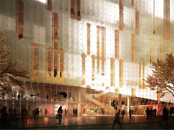 Perpektiv fra gateplan kveld som viser inngang fra nord, og Dronning Eufemias gate. Illustrasjonen er oppdatert i henhold til forprosjektet, med korrekt fasade. Nye Deichman har et halvt gjennomskinnende fasadeuttrykk som kommer spesielt godt frem her. Vi kan se at gateplanet forlenges innover i bygningen, og at det er kontakt med sjøen og operaen i sør. Illustrasjon: Lund Hagem Arkitekter og Atelier Oslo 