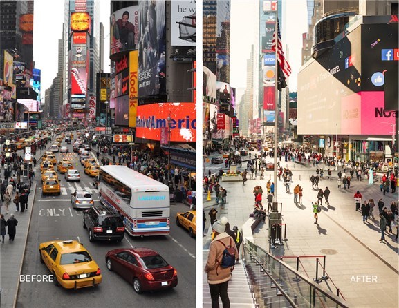 Times Square har fått nytt innhold og ny drakt. I går var det offisiell åpning av den nye plassen. Arkitektur og landskaparkitektur - Snøhetta Foto: Michael Grimm Times Square har fått nytt innhold og ny drakt. I går var det offisiell åpning av den nye plassen. Arkitektur og landskaparkitektur - Snøhetta Foto: Michael Grimm