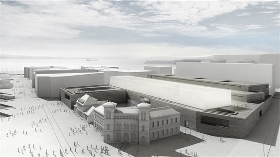 Ny illustrasjon av vinnerforslaget forum artis. Illustrasjon: Kleihues + Schuwerk Gesellschaft von Architekten mbH/Statsbygg Ny illustrasjon av vinnerforslaget forum artis. Illustrasjon: Kleihues + Schuwerk Gesellschaft von Architekten mbH/Statsbygg