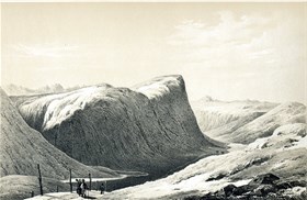 Kongevegen sett fra Murklopphøgda mot Nystuen og Støgunose, Jotunheimen i det fjerne, tegning av Wilhelm Maximilian Carpelan cirka 1820. Ill: Wikimedia Commons
