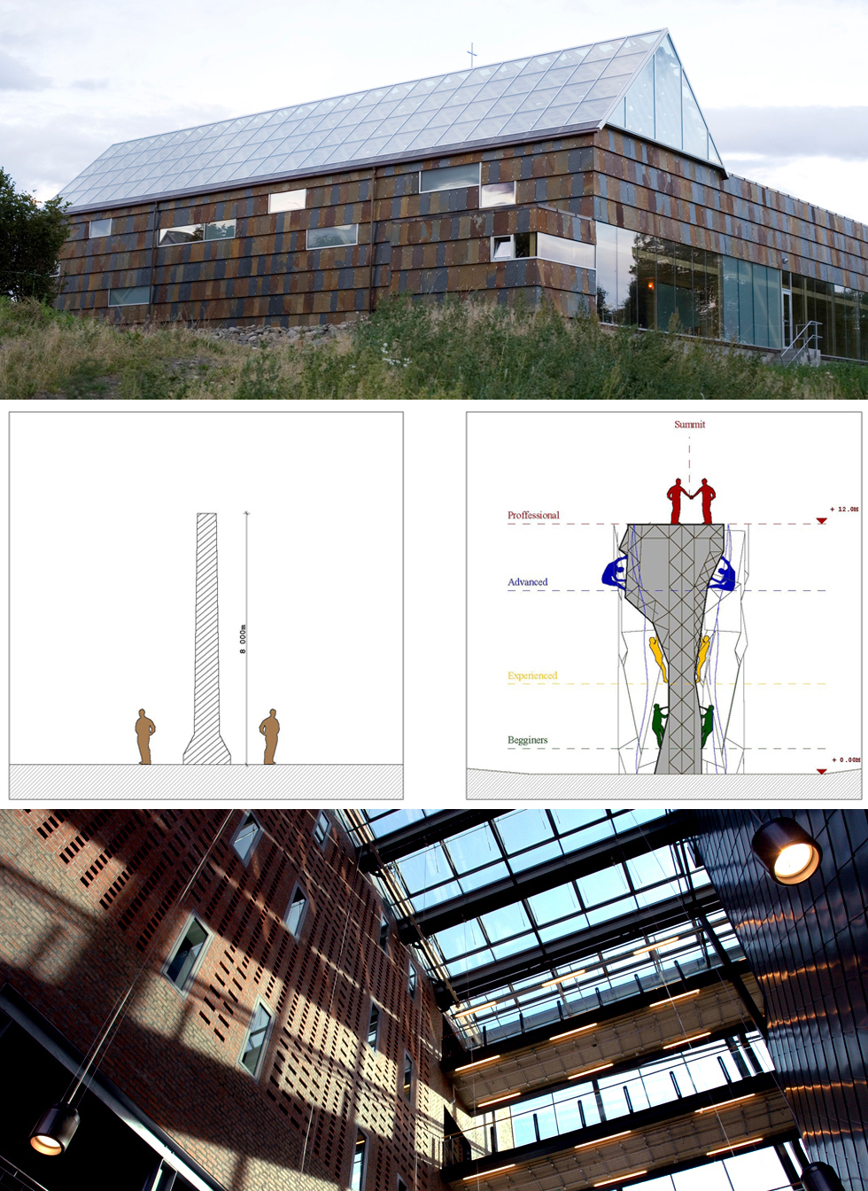 Norsk Forms priser 2007: Jacob-prisen gikk til Jensen & Skodvin Arkitektkontor, her representert ved Mariaklosteret på Tautra (øverst). Haugen/Zohar Arkitekter mottok pris til unge formgivere, blant annet for arbeidet med prosjektet Landmark (midten). Norsk Forms hederspris ble gitt til Helsebygg Midt-Norge for arbeidet med St. Olavs Hospital. Her fra Laboratoriesenteret, tegnet av Medplan AS Arkitekter og Madsø & Sveen Sivilarkitekter AS (under). Foto: JSA, Haugen/Zohar, Olav Ødegården.