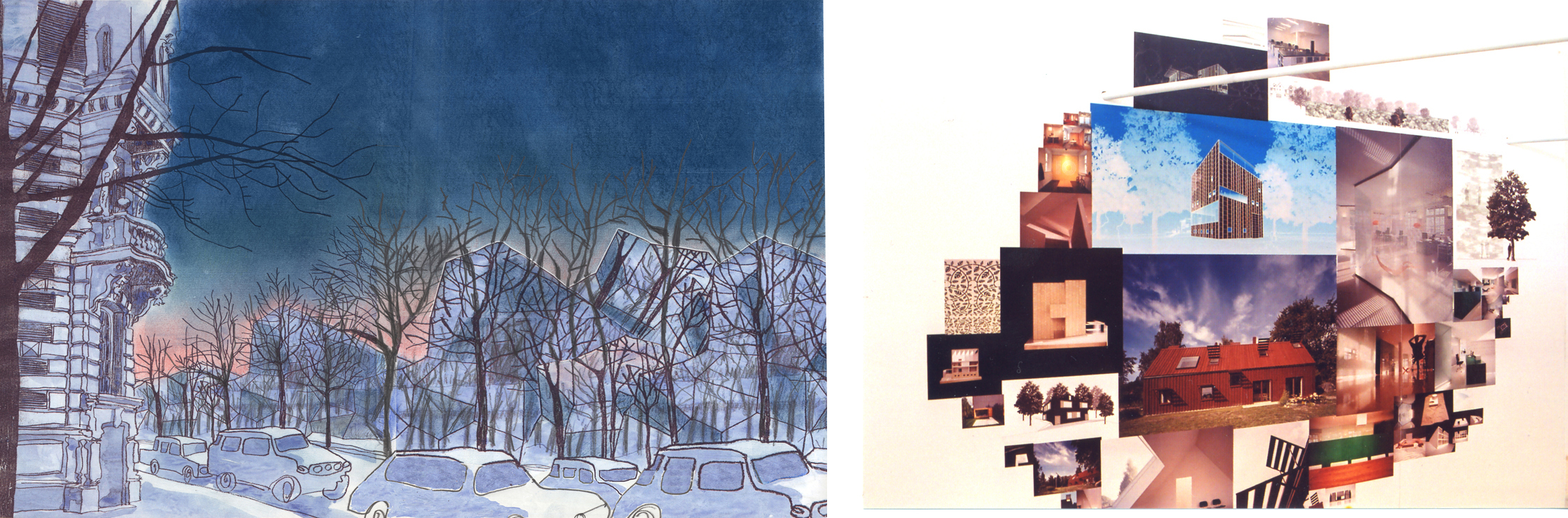 Bilde til venstre: Igloo arkitekter sitt Stealth-hus er bygninger i militært kamuflasjemateriale. Her vist som rekkehus i midtrabatten på Stockholm ærverdige Vahallvägen. Bilde til høyere: Arbeider til Tham & Videgård Hansson Arkitekter AB. For sitt røde trehus har de fått svensk trepris.