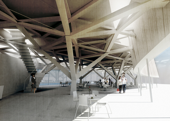 De eksponerte konstruksjonene har en katedralvirkning i rommet, understreket ytterligere av overlyset langs hovedformens ytre kant, ifølge juryen. Illustrasjon: Arkitekten