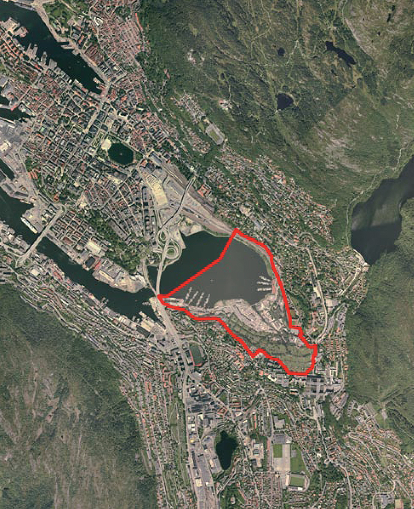 Det vedtatte planområdet omfatter søndre del av vannet. Ill.: Bergen kommune.