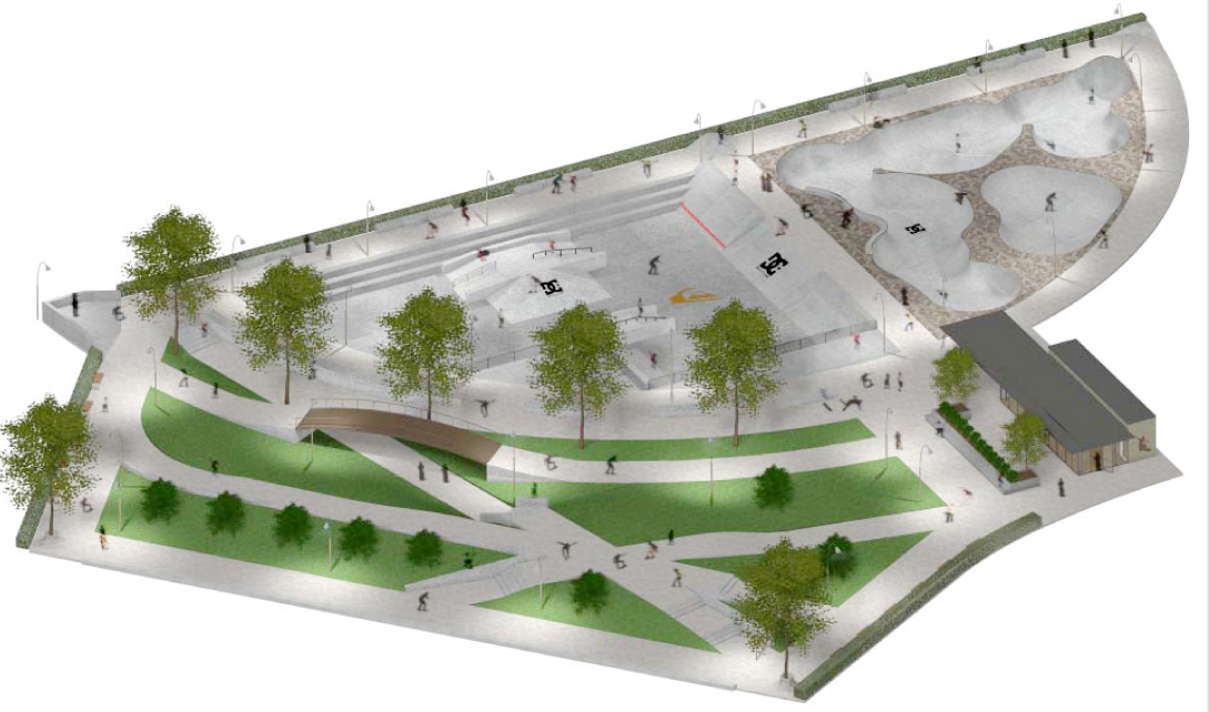 Arkitektstudent Bertil Haugen, NTNU, fikk andrepremien og juryens anbefaling om at hans utkast Tredeling burde legges til grunn for det videre arbeidet med rullebrettanlegget. Ill.: Arkitekten.