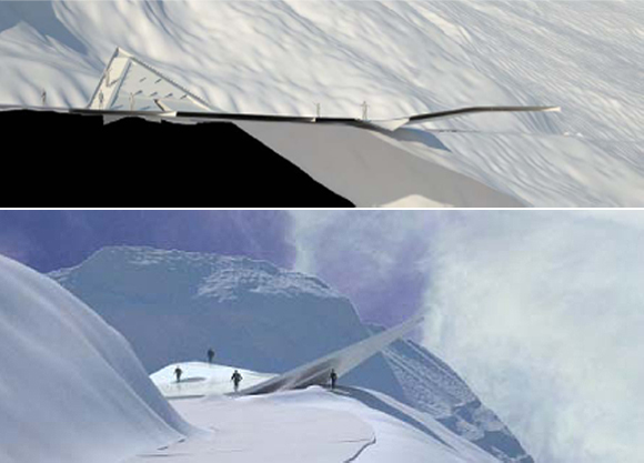 Fra et platå i ca 800 meters høyde er det en storslagen utsikt over fjell, breer og daler. Illustrasjon: Arkitekten