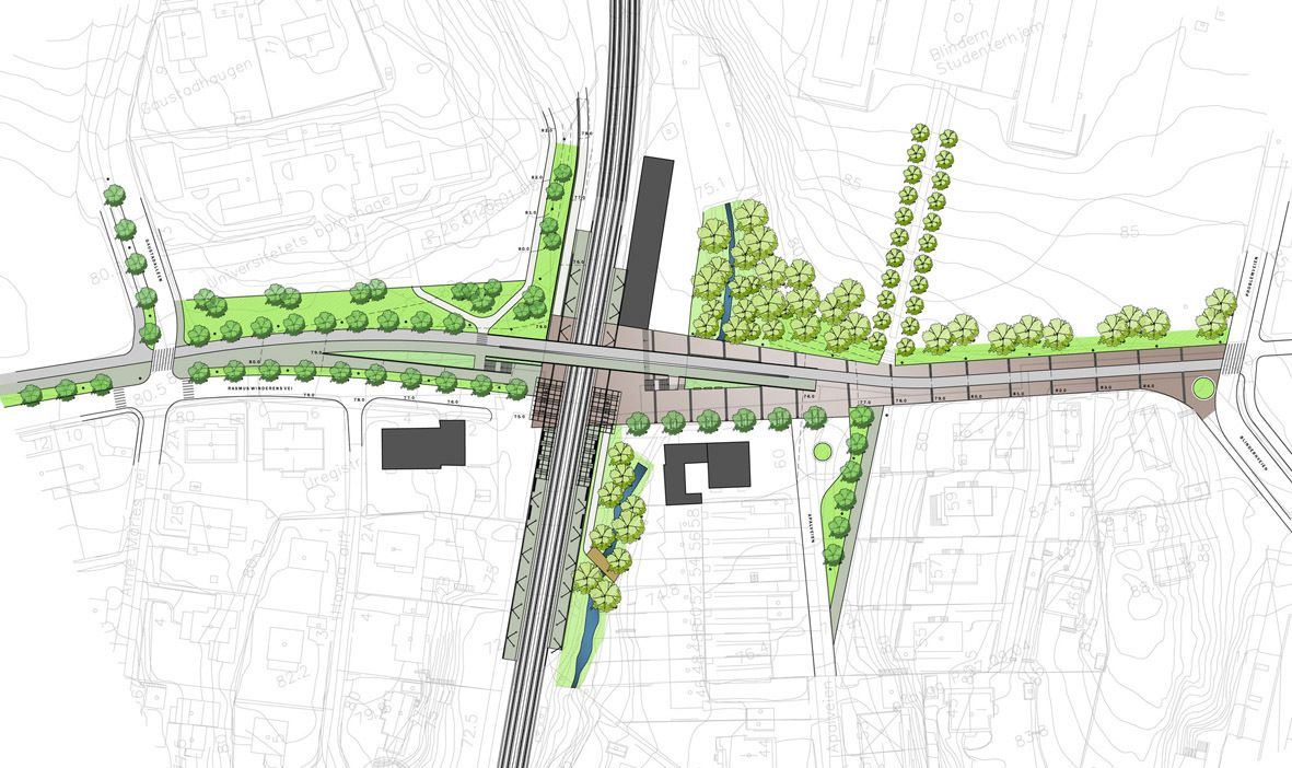 Planforslag til ny Blindern stasjon. 
Illustrasjon: MULTICONSULT AS seksjon 13.3 landskapsarkitekter