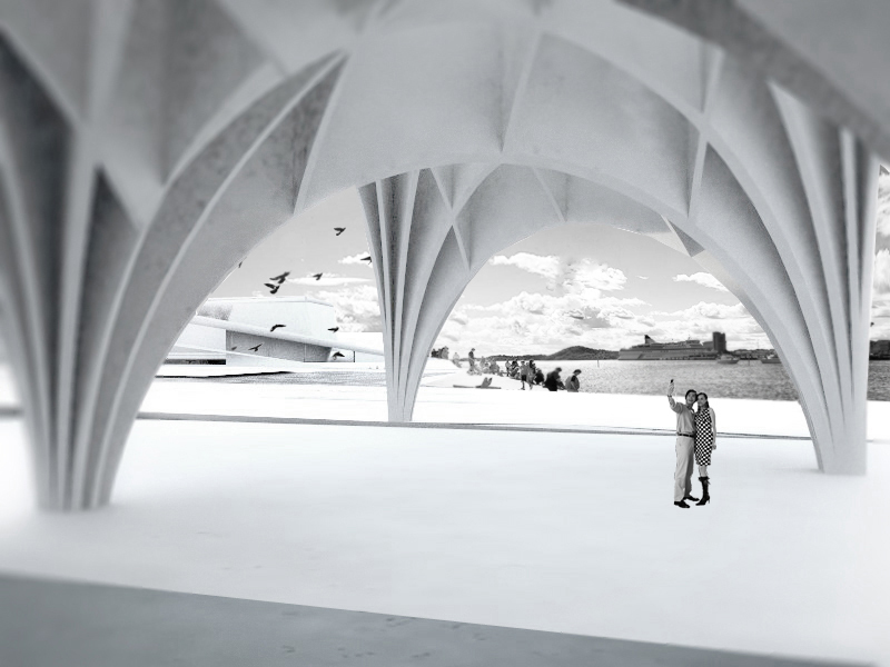 Interiørbilde som viser kontakten med fjorden. Illustrasjon: Arkitekten.