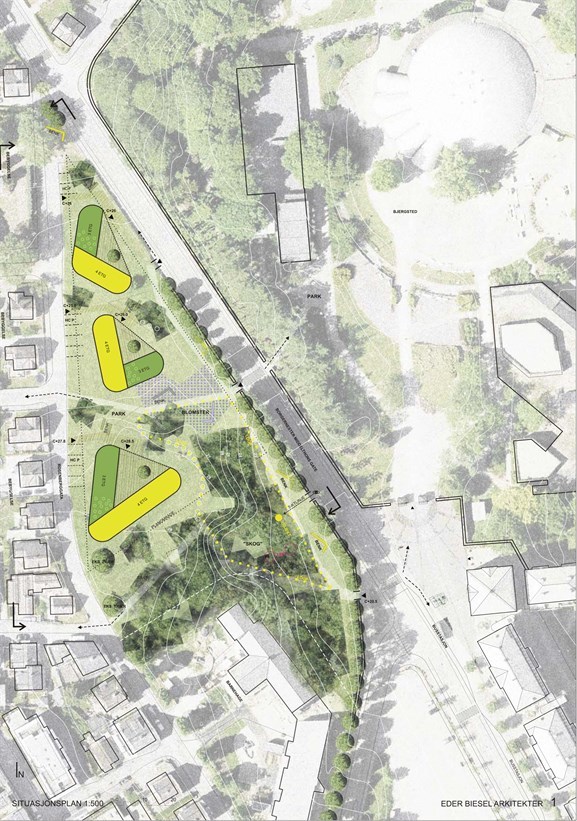 Situasjonsplan frå vinnarutkastet hausten 2011. Illustrasjon: Eder Biesel Arkitekter Situasjonsplan frå vinnarutkastet hausten 2011. Illustrasjon: Eder Biesel Arkitekter