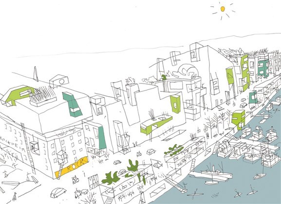 Byvisjoner: Lund deltar også i debatten med visjoner i tegningsform. Her fra Brattøra, som han beskriver følgende: «fra dødt idag til vill vest!». Tegning: Fredrik Lund