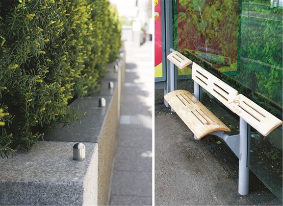 Bilde til venstre: Blomsterbedene utenfor Wilhelmsen-bygget i Vika er dekorert med metallknotter for å hindre langvarige opphold. Til Høyre:Busskurene som dukket opp i Oslo på begynnelsen av 2000-tallet, har benker som er designet for korte opphold. 