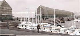 Marina, og kai og velkomstbygg for hurtigruta i Fosnavåg, foreslått av teamet med 3RW og PlottaPlan i spissen. Illustrasjon: 3RW/Plottaplan Marina, og kai og velkomstbygg for hurtigruta i Fosnavåg, foreslått av teamet med 3RW og PlottaPlan i spissen. Illustrasjon: 3RW/Plottaplan