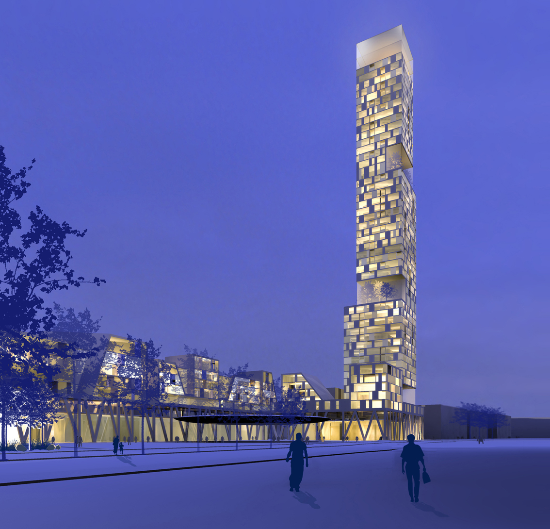 Arkitektene foreslår at torghuset blir 180 meter høyt, og dermed synlig på lang avstand. (Ill.: Arkitekten.)