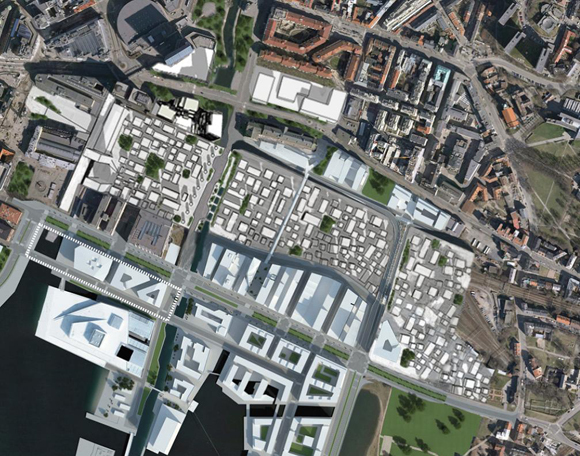Bebyggelsen på lokket over Oslo S representerer noe nytt i hovedstaden  en type bymiljø som byen ikke har fra før. Det bygges uten rette gatestrekninger eller store plasser. Illustrasjon: Arbeidsgruppen Vev