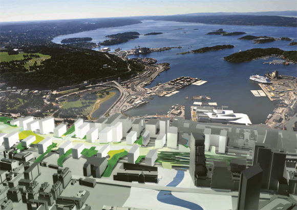 Bio City-gruppen ser for seg et parkdrag fra Ekeberg til byen på lokk over jernbanens område. Tyngre bebyggelse rammer inn området. Illustrasjon: Arbeidsgruppen Bio City