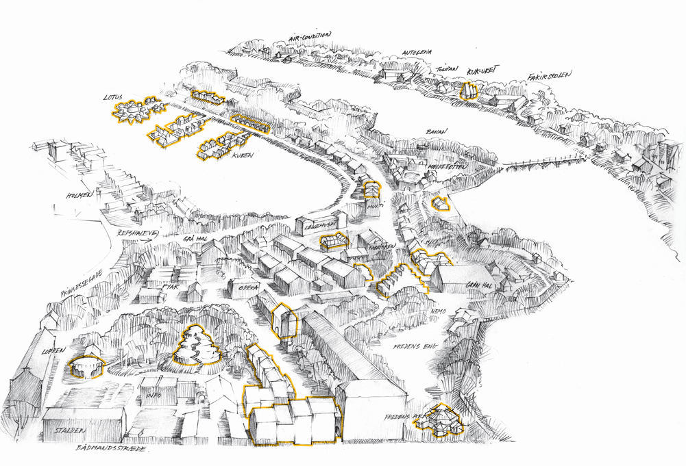 Fugleperspektiv over Christiania med nye prosjekter avmerket. Illustrasjoner: Rene Jalford/Tegnestuen Christiania.