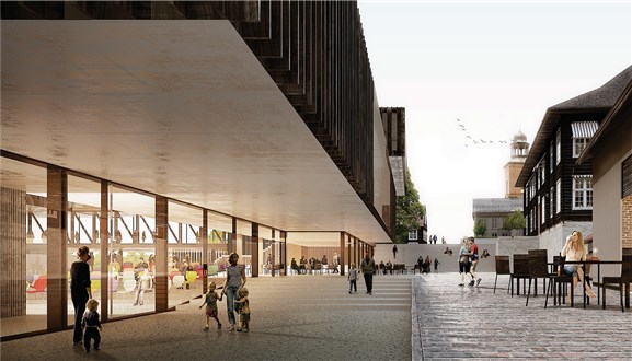Kunnskaps- og kulturparken skal ligge midt i Kongsberg sentrum. Illustrasjon: Arkitektene Kunnskaps- og kulturparken skal ligge midt i Kongsberg sentrum. Illustrasjon: Arkitektene