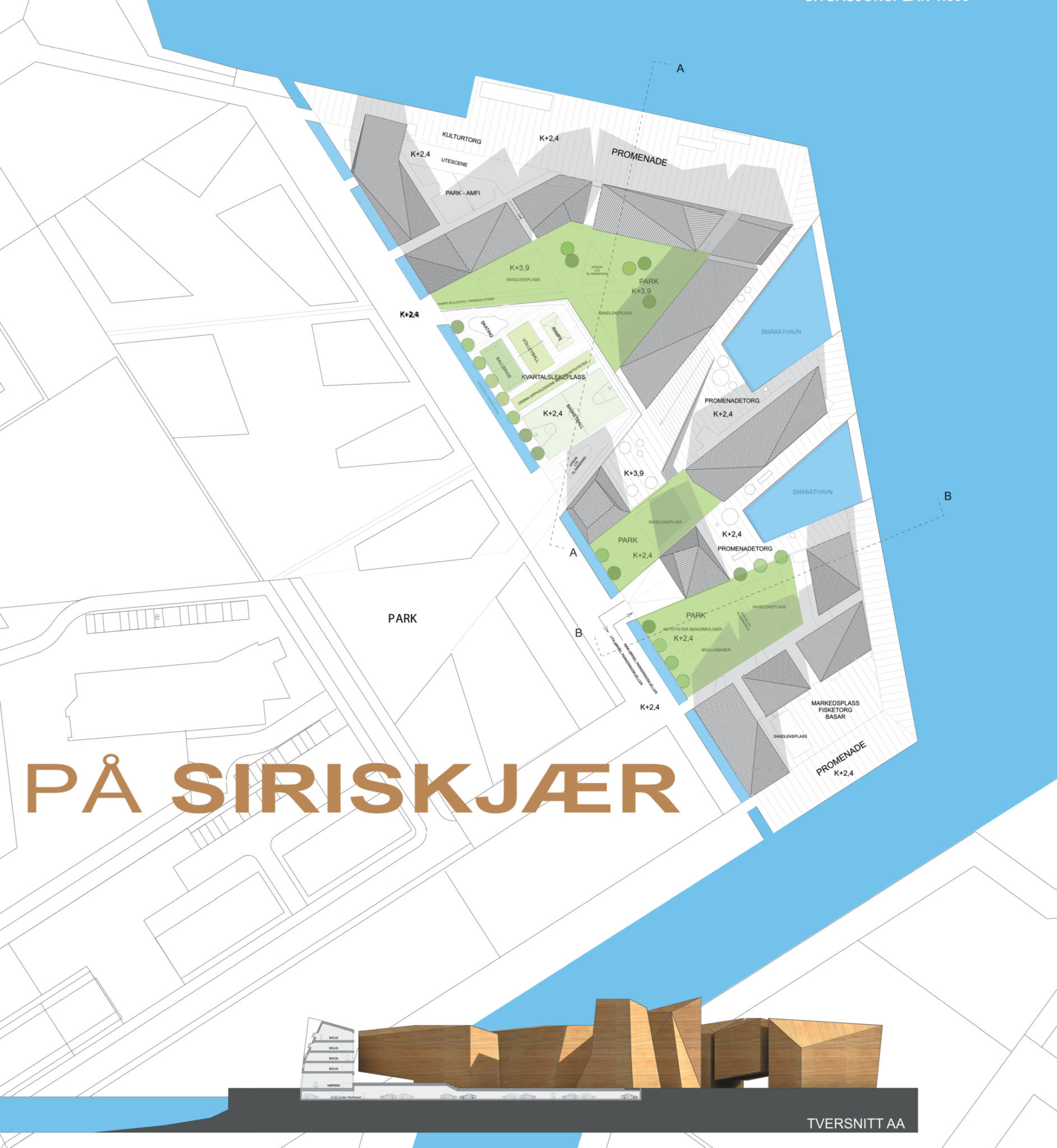 Situasjonsplan og tverrsnitt av bebyggelse. Ill.: Arkitektene.