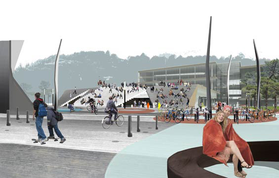 Juryen mener Synergis grep med nivåer som vrir seg opp og skaper et vertikalt dynamisk torg, gir en stor grad av likeverd mellom de hovedbaser som integreres i den generelle bygningsstrukturen. Det vertikale torget sammen med den romslige trappen mot idrettsanlegget er noen av prosjektets mange sterke sider. Juryen mener Synergis grep med nivåer som vrir seg opp og skaper et vertikalt dynamisk torg, gir en stor grad av likeverd mellom de hovedbaser som integreres i den generelle bygningsstrukturen. Det vertikale torget sammen med den romslige trappen mot idrettsanlegget er noen av prosjektets mange sterke sider.