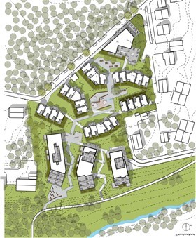 Situasjonsplan for utbyggjing av Masserud Gaard. Illustrasjon: Dark Arkitekter Situasjonsplan for utbyggjing av Masserud Gaard. Illustrasjon: Dark Arkitekter