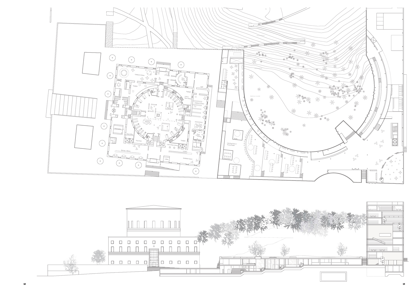 Plan, 1. etasje, og lengdesnitt.