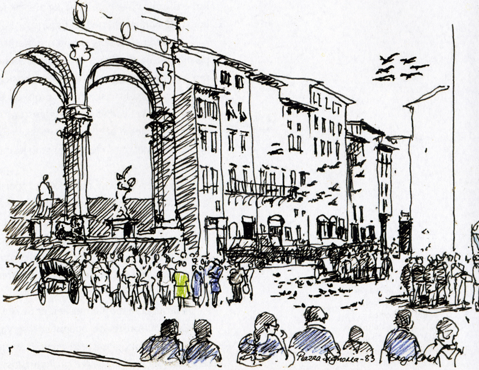 Piazza Signoria i Firenze, yndet turistmål, menneskene tydeliggjør perspektiv og størrelsesforhold, 1983.