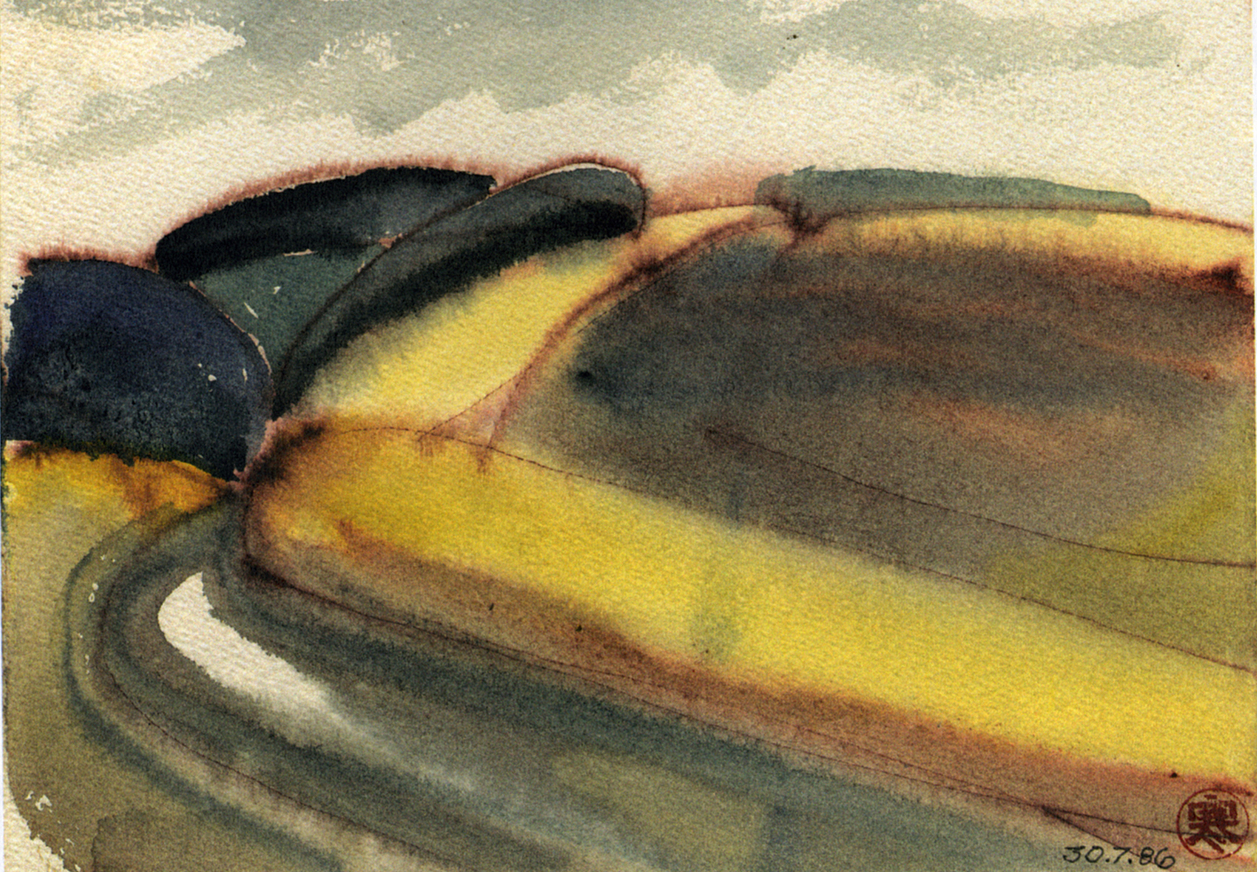 Mols bakker på Jylland, akvarell som viser landskapets farger og former, 1986.