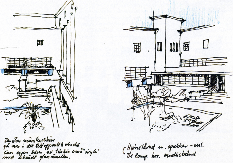 Moderne arkitektur, Hilversum rådhus i Nederland, av arkitekt Dudock 192831, skisse av Birgit Cold, 1983.