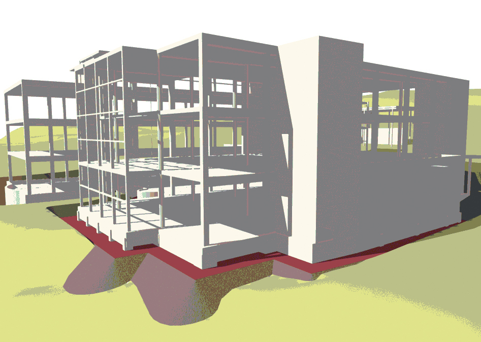 Samme BIM-modell, men vist som rendret, dvs. alle flater lukket og fargelagt for bedre romforståelse. Alle geometriske data og koordinater er fortsatt intakte.