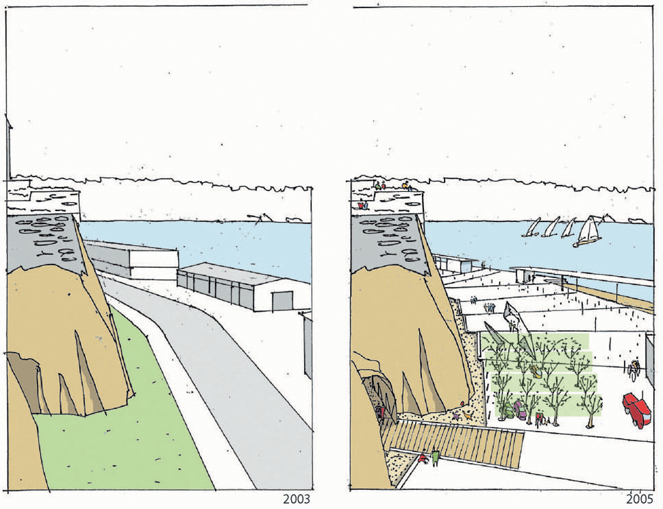 Akershusstranda: Skisser, nåsituasjon og framtidig versjon med innført dekke.