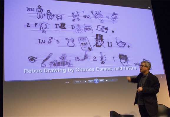 Charles Eames brev til sin datter i rebusform var et av innslagene under foredraget til Eames Demetrios. Foto: Ingebjørg Semb Charles Eames brev til sin datter i rebusform var et av innslagene under foredraget til Eames Demetrios. Foto: Ingebjørg Semb