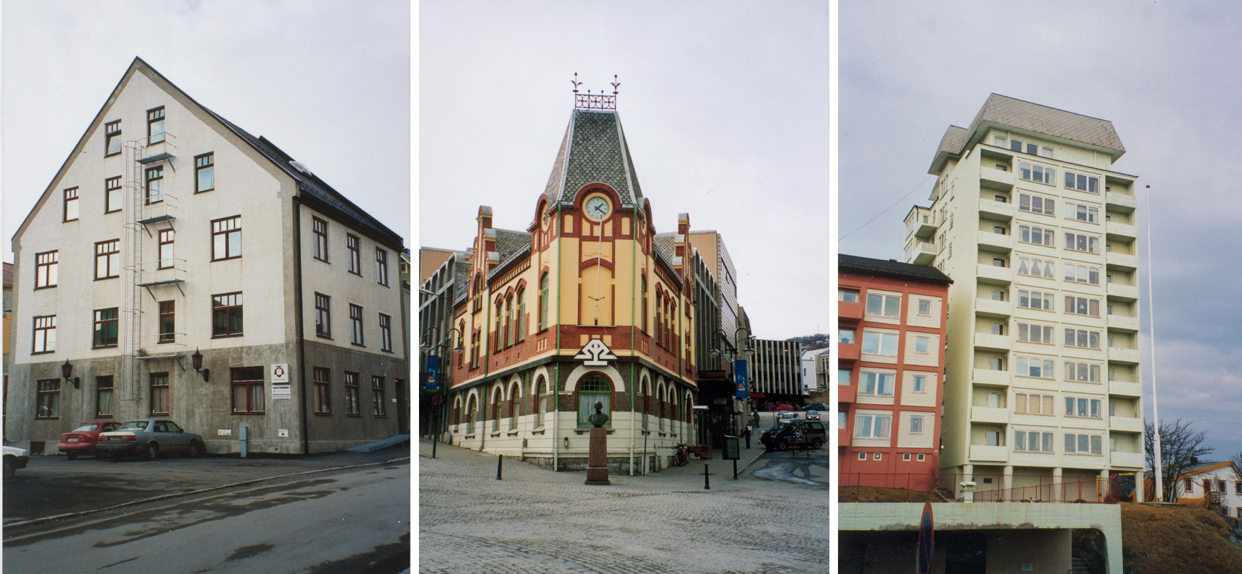 Bilde til venstre: Trevarefabrikken etter ombygging 1985 var også bolig for mange. Bilde i midten: Harstad Øl- og Vinsamlag, bygd 1906, senere tatt over av Harstad Sparebank. Bilde til høyere: 
«Skyskraperen» Punkthuset av 1957.