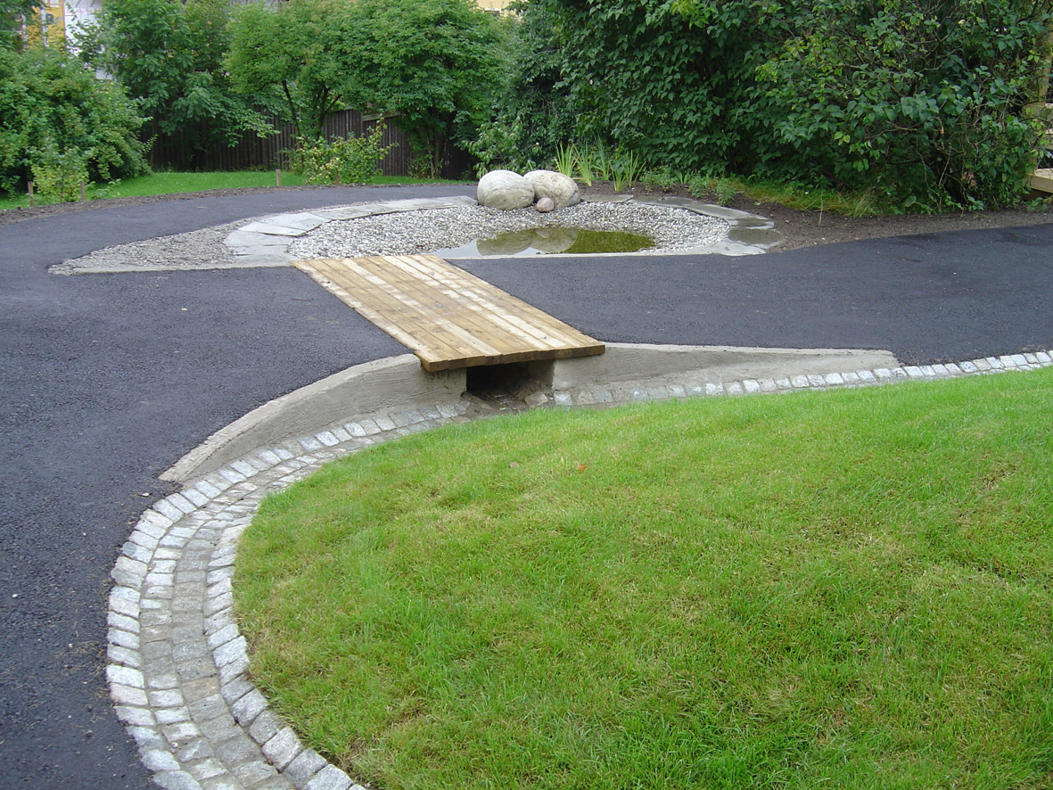 Åpne vannrenner leder takvann og overflatevann til dammen, samtidig fungerer rennene som ledetråder og retningsanvisning for de psykisk utviklingshemmede brukerne.