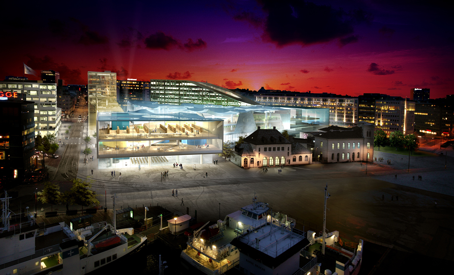 Et stort glassparti i 7-8 meters høyde og omtrent på lengde med dagens Vestbanen, med tilbygg og svevende på ca fire meter høye søyler over bakken. Slik kan den nye fasaden for Oslos nye hovedbibliotek og kulturbygg se ut mot sjøen. Og bak dette, massevis av glassfasader i tilsvarende høyder og med et mer eller mindre bølgende betongtak over det hele.

Dette er en oppsummering av illustrasjonene for det nye praktbygget utarbeidet av det norske arkitektfirmaet Space Group, representert ved Gro Bonesmo, i samarbeid med Joshua Prince-Ramus fra Ramus Ellas Architects (REX), nå basert i New York, en avløper fra det tidligere Office for Metropolitan Architecture (OMA) i Nederland.
Fotomontasje: OMA, Space Group/MIR Visuals.