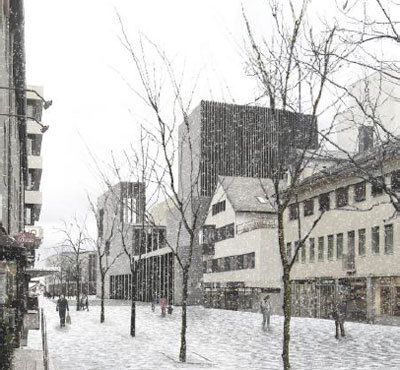 Modell av kulturhuset sett fra Storgata. Ill.: DRDH Architects LTD.