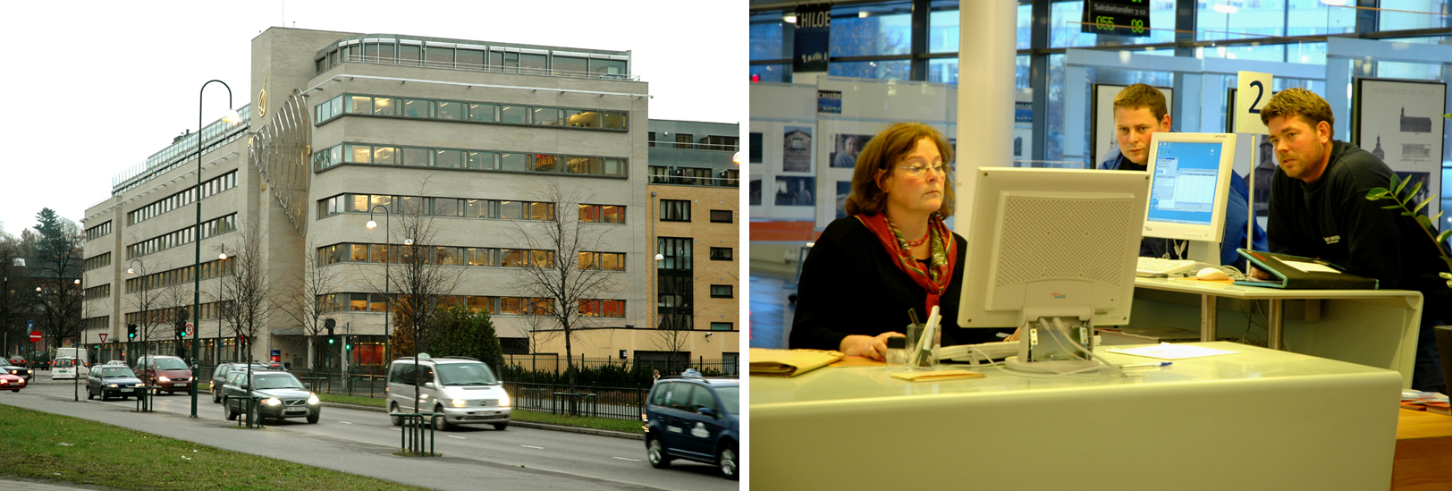 Bilde til venstre: I dette huset i Vahls gate 1 banker hovedstadens hjerte sterkest. Her tar plan- og bygningsetaten hånd om den overordnede areal- og transportplanlegging. Til høyere: To besøkende får hjelp i kundesenteret av førstekonsulent Trine Thoen. I bakgrunnen ses utstillingen av chilensk arkitektur, som står til 25. november.Fotos: Olav Ødegården.