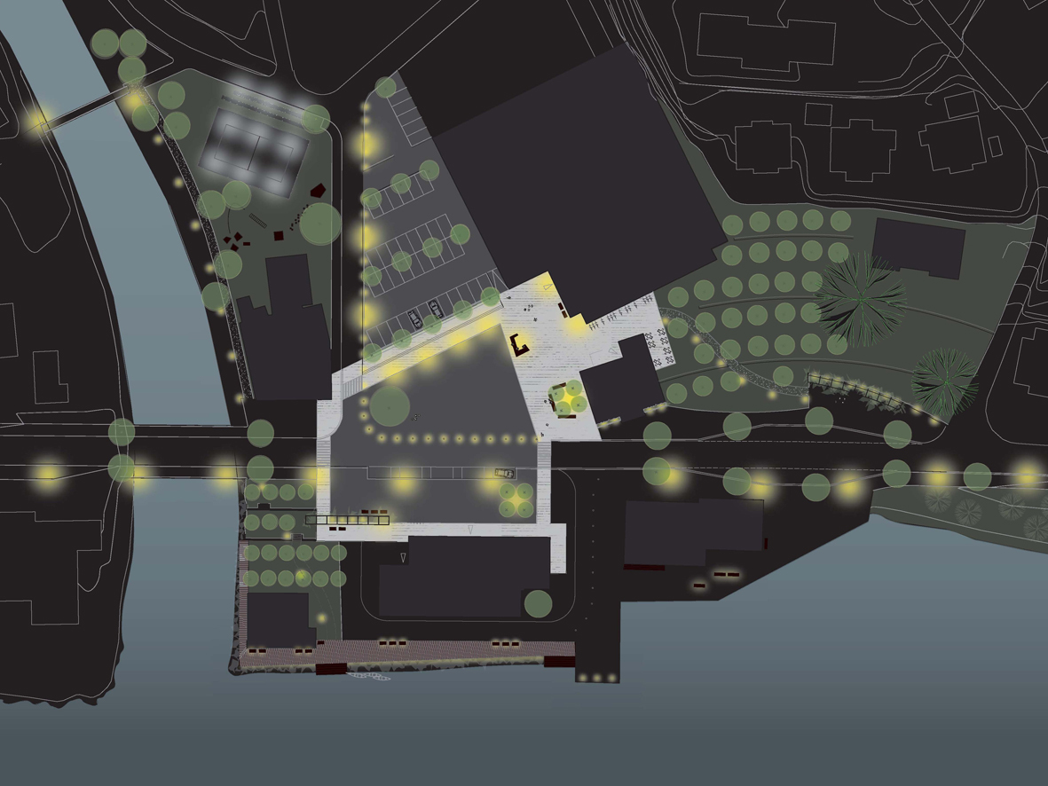 Juryen berømmet vinnerforslaget for god belysninsplan. Illustrasjon: Smedsvig Landskapsarkitekter