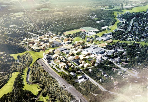 Fugleperspektiv av nye Oppdal sentrum. Illustrasjon: Arkitektene Fugleperspektiv av nye Oppdal sentrum. Illustrasjon: Arkitektene