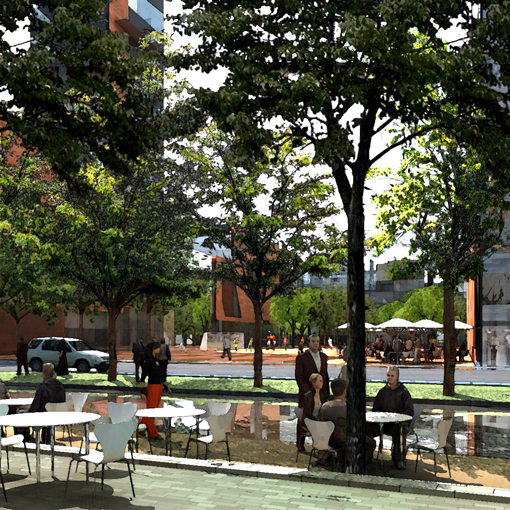 Forslag til plassdannelse i den nye bebyggelsen. (3D-ill: ARKKI)