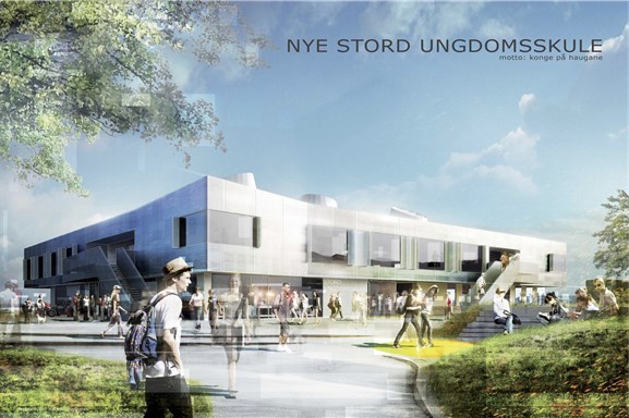 Perspektiv av inngangsparti til Stord ungdomsskole. Illustrasjon: Arkitekten Perspektiv av inngangsparti til Stord ungdomsskole. Illustrasjon: Arkitekten