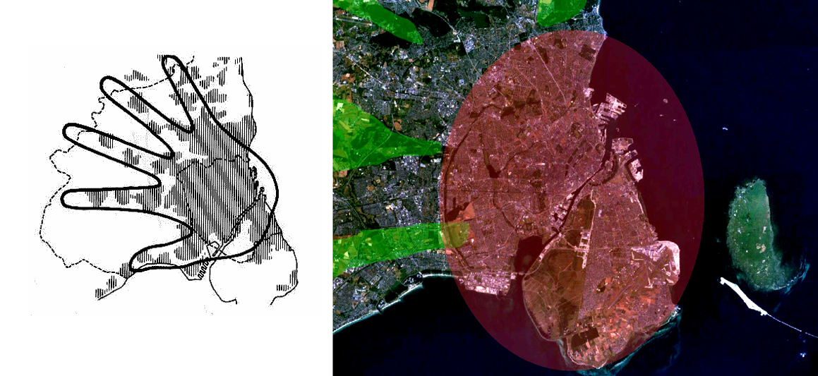 Det mest storslåtte og verdensberømte eksempel på dansk landskapsplanlegging, den såkalte fingerplanen for københavnområdet fra 1947. Til høyre: Luftfoto som viser de grønne «fingrene». Montasje: Ole Andersen.