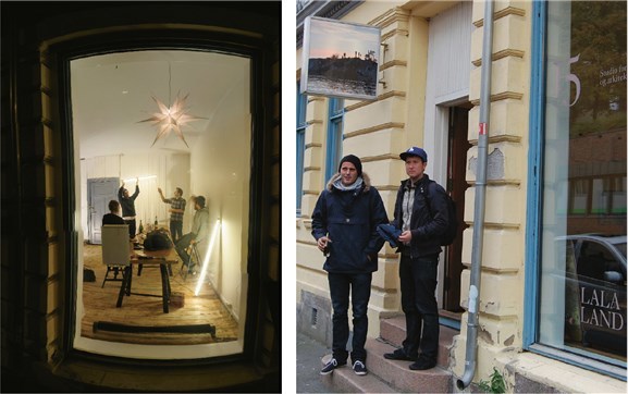 Bildet til venstre: Lalaland feirer førsteprisen i arkitektkonkurransen Europan i Sverige. Foto: Are Foss. Til høyre: Lalaland på trappa utenfor kontoret. Foto: Vilde Stabel