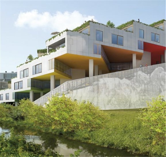 BIGs Mountain Dwellings i Ørestad, København (2008), har 80 bustader i terrassar over eit parkeringshus i fleire etasjar for 480 bilar. Foto: The Euopean Centre for Architecture Art Design and Urban Studies