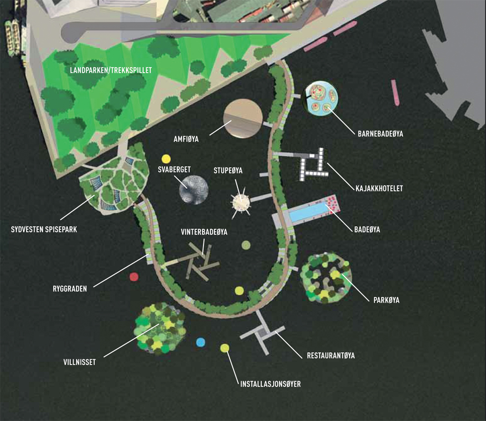 Filipstad-prosjektet i Oslo til Jensen & Skodvin Arkitektkontor utvider byens territorium med kunstige øyer og flytende landskap. Visjonene fenget forsamlingen. Ill.: Arkitektene.