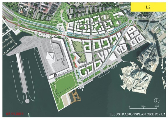 Volumstudiene i illustrasjonsplanen for Plan- og bygningsetatens anbefalte alternativ for områdeplan på Filipstad-tomta, «L2». Illustrasjon: Oslo kommune Volumstudiene i illustrasjonsplanen for Plan- og bygningsetatens anbefalte alternativ for områdeplan på Filipstad-tomta, «L2». Illustrasjon: Oslo kommune