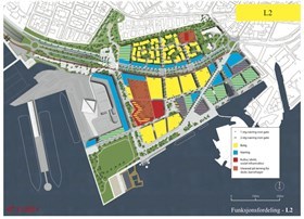 Funksjonsfordelingen i områdeplanens alternativ «L2». Gule felt angir bliger, røde kultur- og skolebygg og blå felt næringslokaler. Illustrasjon: Oslo kommune Funksjonsfordelingen i områdeplanens alternativ «L2». Gule felt angir bliger, røde kultur- og skolebygg og blå felt næringslokaler. Illustrasjon: Oslo kommune